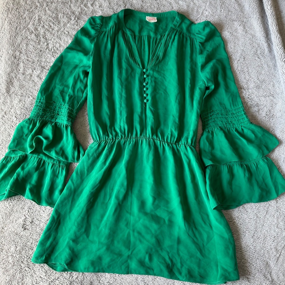 Parker Emerald Silk Mini Dress Pleated V Neck Bell Sleeve Boho Luxe Small